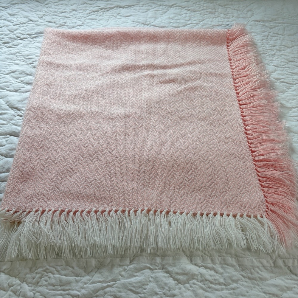 Vintage Feltman Bros Baby Blanket Pink Hand Loomed Soft Fringe Pink White READ - Picture 3 of 16